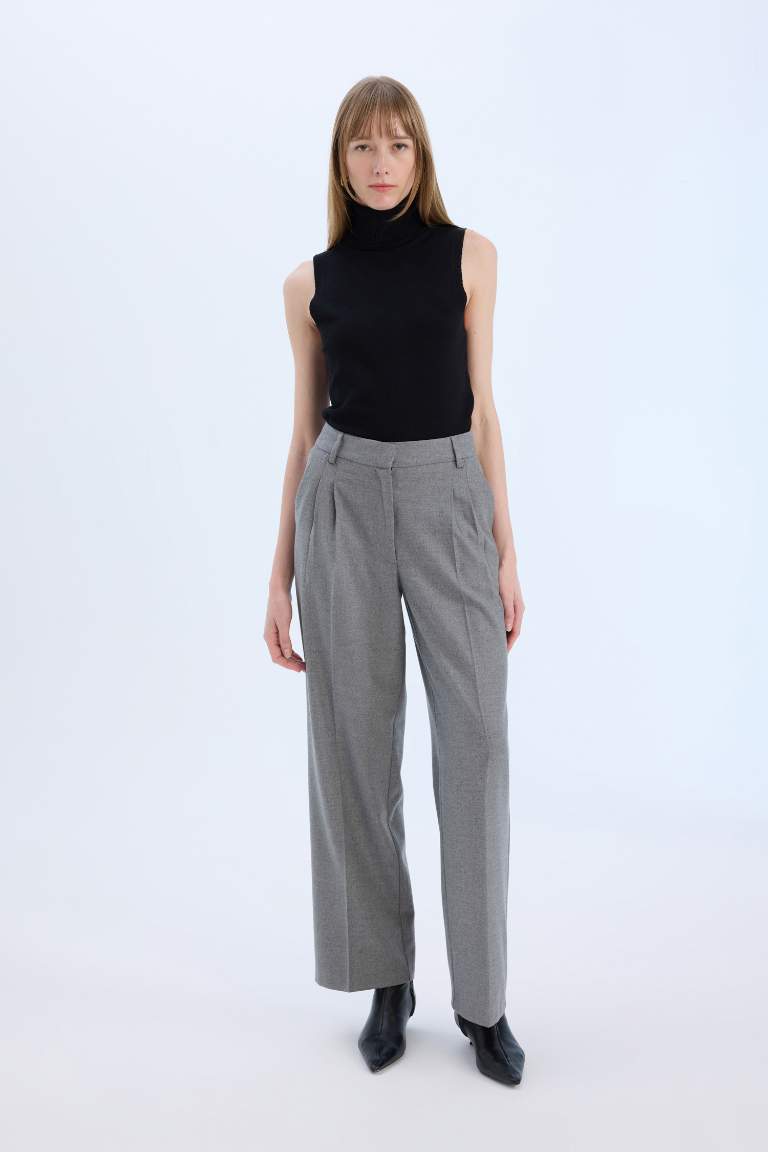 Wide Leg Yüksek Bel Geniş Düz Paça Pensli Flanel Pantolon