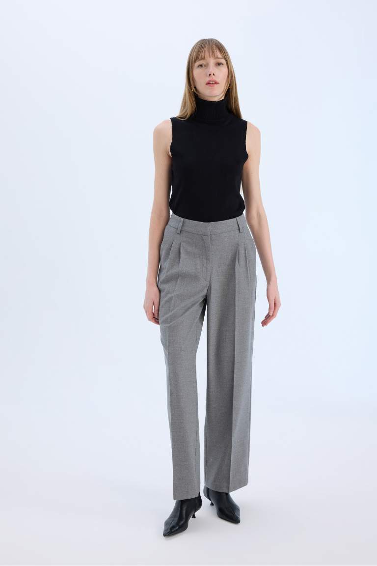 Wide Leg Yüksek Bel Geniş Düz Paça Pensli Flanel Pantolon
