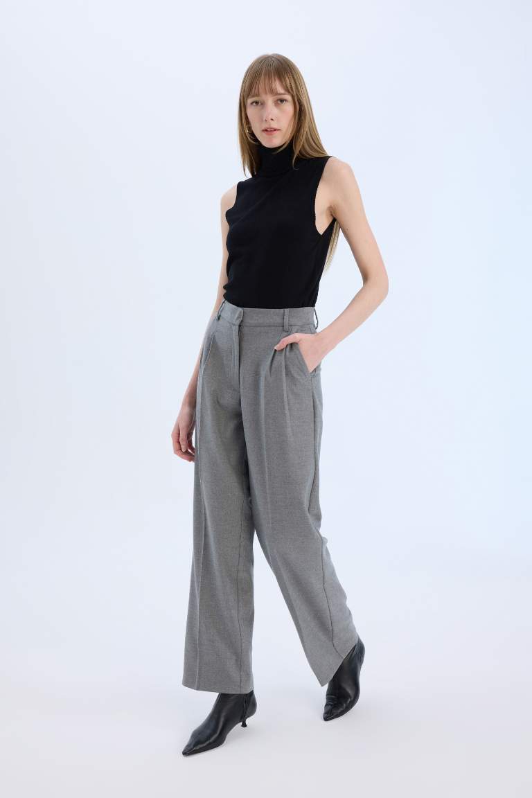 Wide Leg Yüksek Bel Geniş Düz Paça Pensli Flanel Pantolon