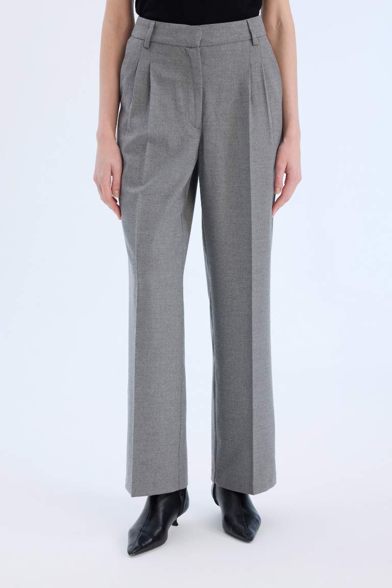 Wide Leg Yüksek Bel Geniş Düz Paça Pensli Flanel Pantolon