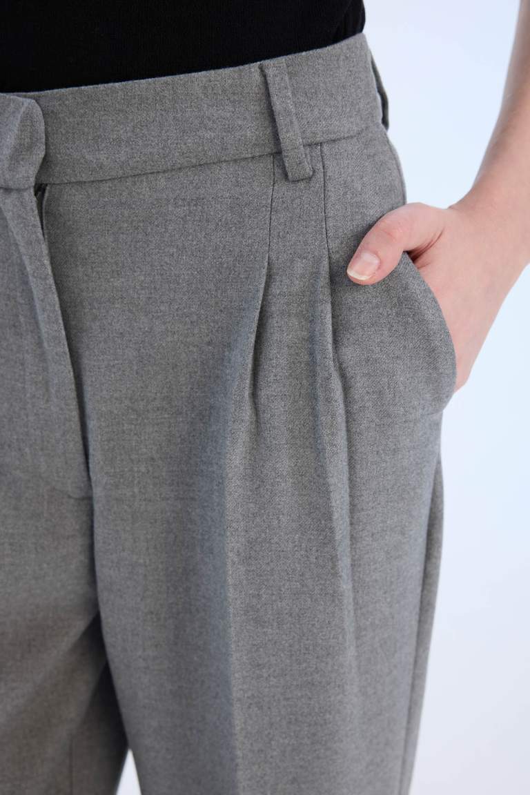Wide Leg Yüksek Bel Geniş Düz Paça Pensli Flanel Pantolon