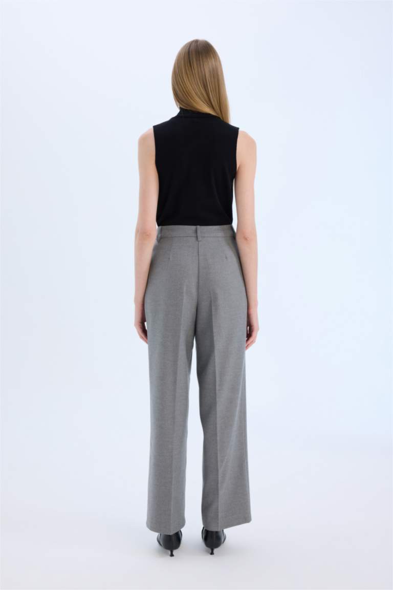 Wide Leg Yüksek Bel Geniş Düz Paça Pensli Flanel Pantolon