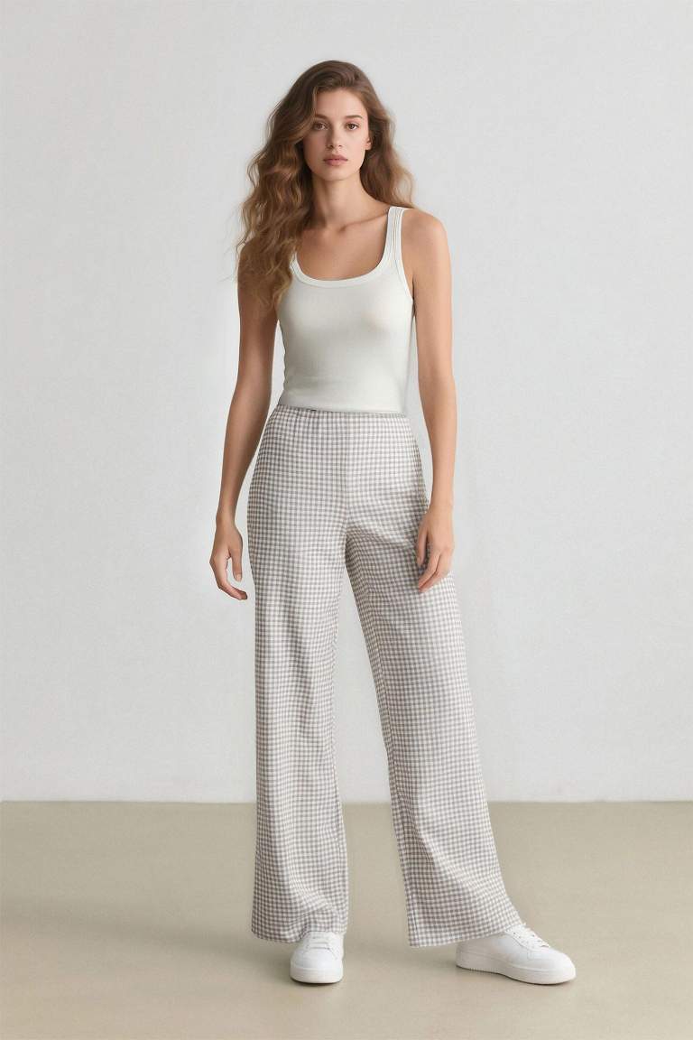 Coool Wide Leg Kareli Normal Bel Geniş Paça Pantolon