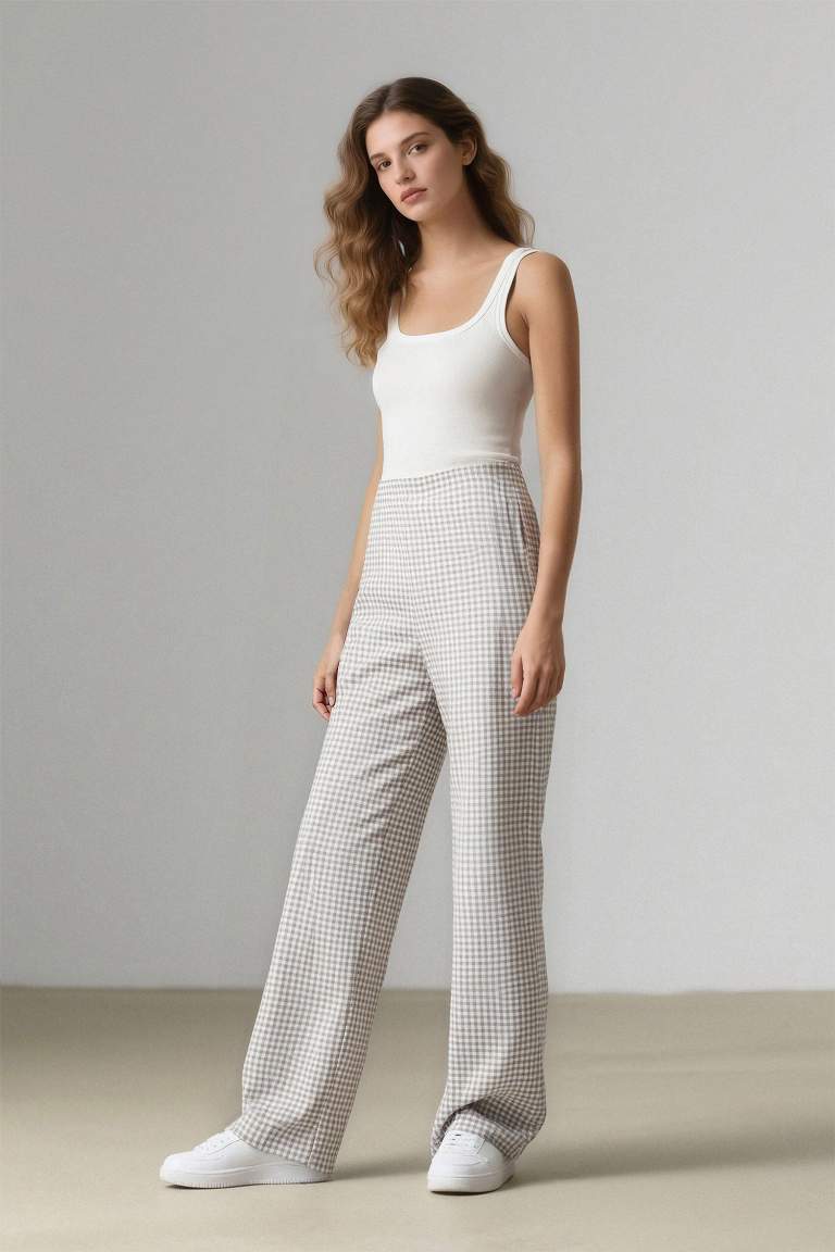 Coool Wide Leg Kareli Normal Bel Geniş Paça Pantolon