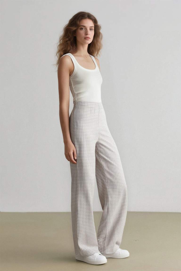 Coool Wide Leg Kareli Normal Bel Geniş Paça Pantolon