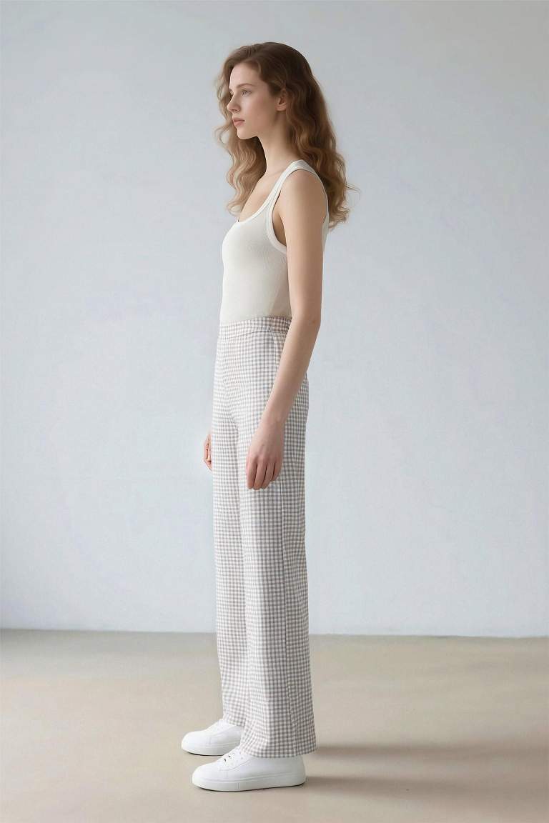 Coool Wide Leg Kareli Normal Bel Geniş Paça Pantolon