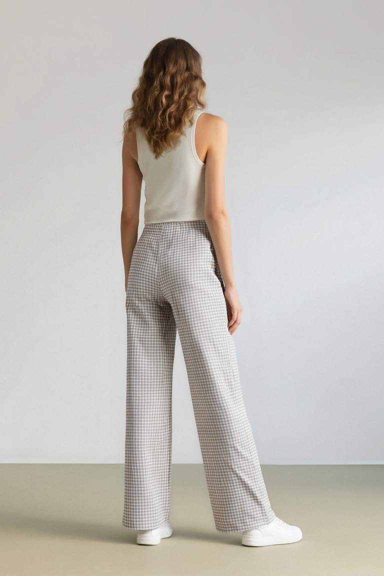 Coool Wide Leg Kareli Normal Bel Geniş Paça Pantolon