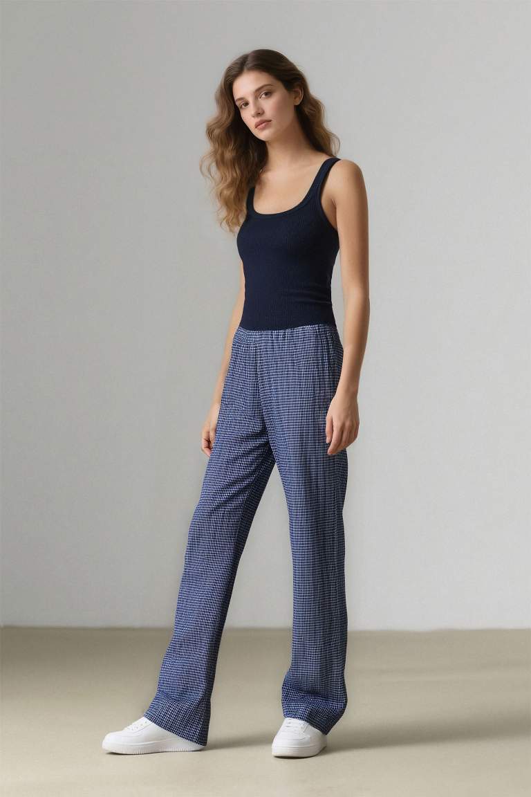 Coool Wide Leg Kareli Normal Bel Geniş Paça Pantolon