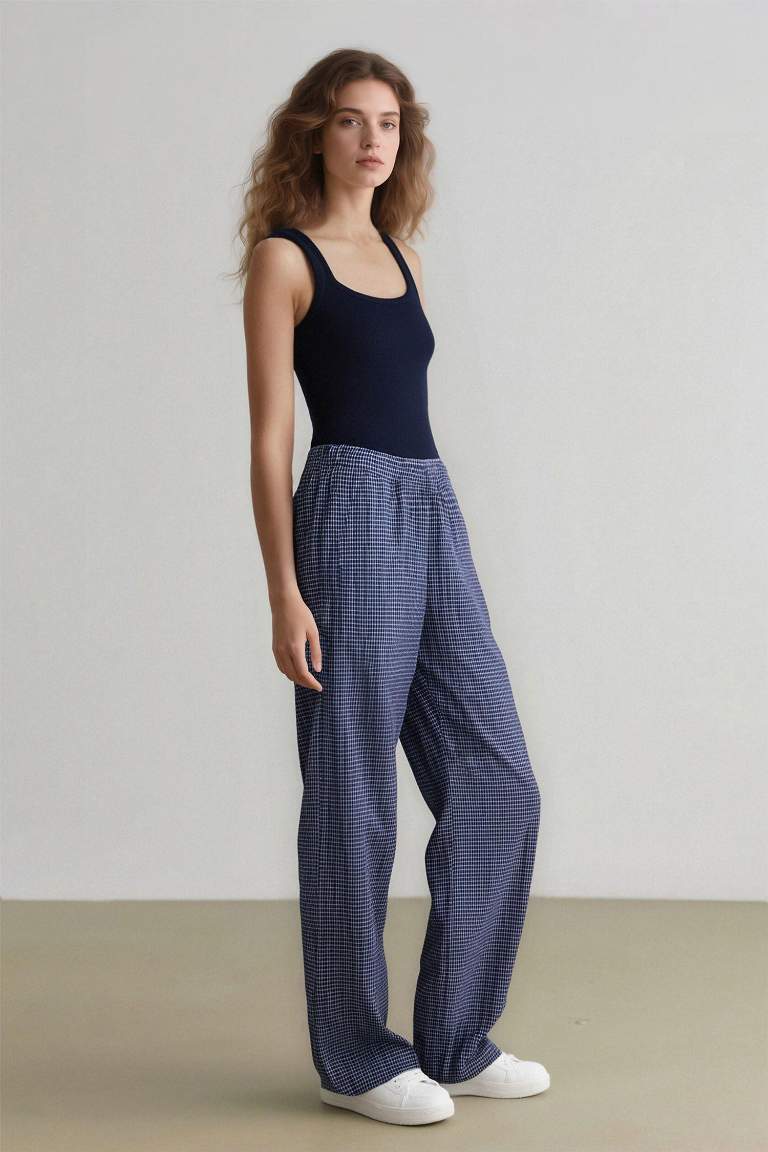 Coool Wide Leg Kareli Normal Bel Geniş Paça Pantolon