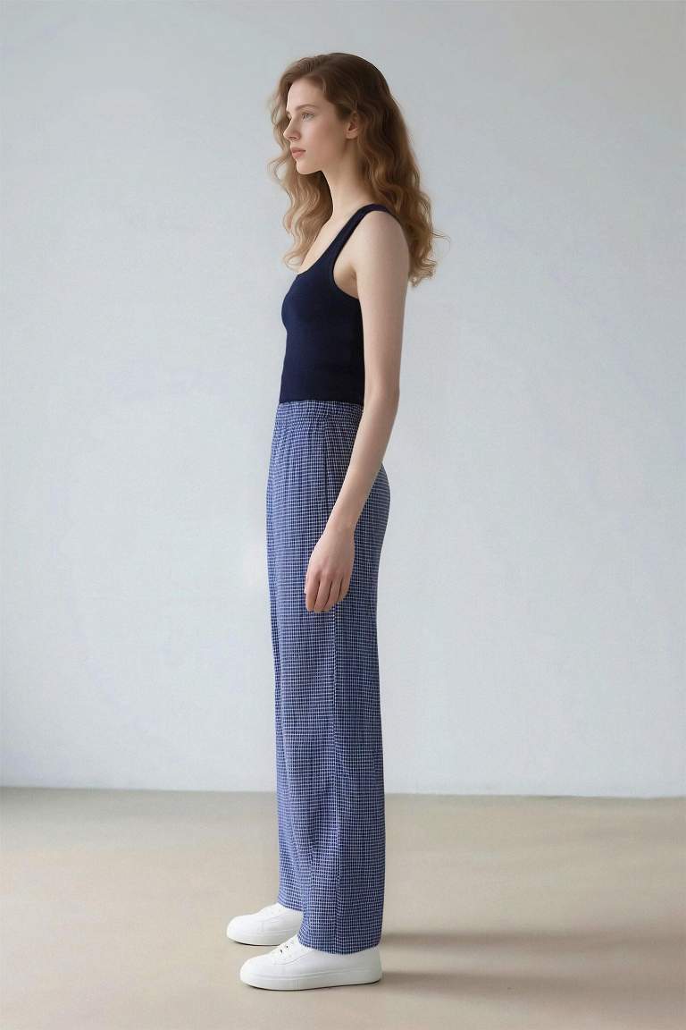 Coool Wide Leg Kareli Normal Bel Geniş Paça Pantolon