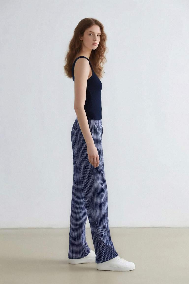 Coool Wide Leg Kareli Normal Bel Geniş Paça Pantolon