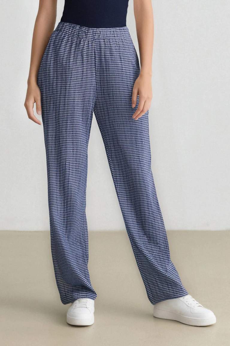 Coool Wide Leg Kareli Normal Bel Geniş Paça Pantolon