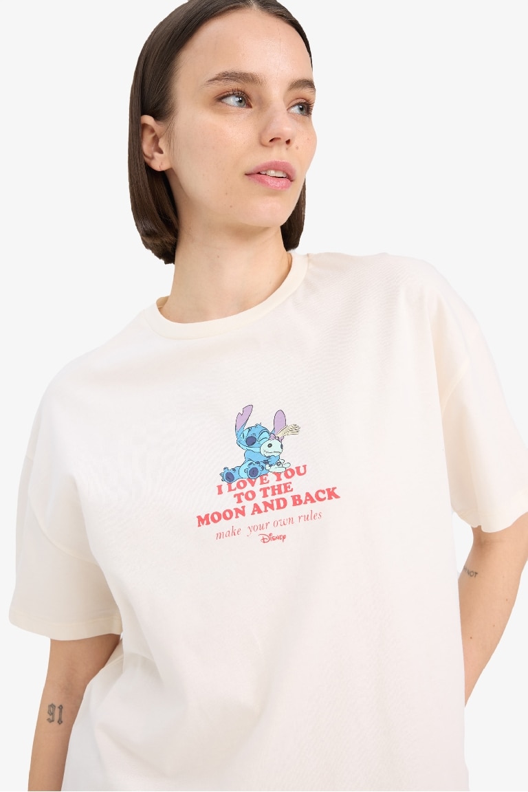 Disney Lilo & Stitch Oversize Fit Crew Neck Printed T-Shirt