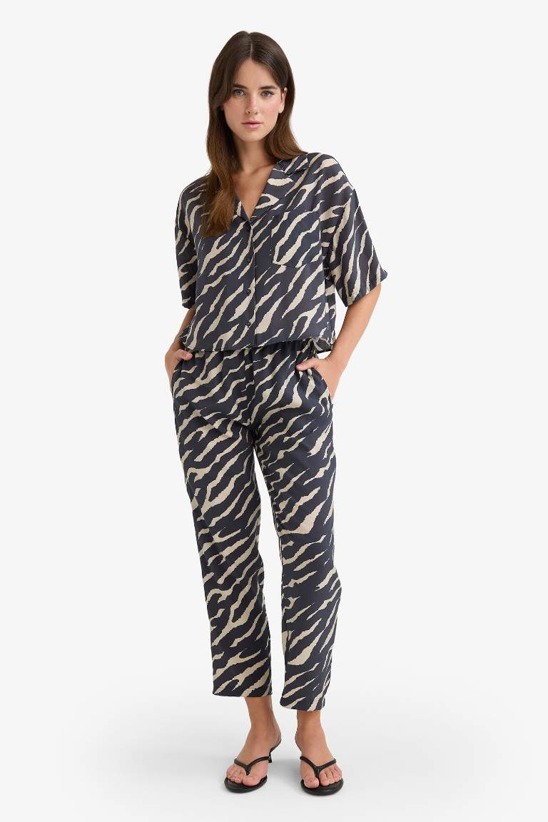 Carrot Fit Zebra Desenli Modal Kumaş Pantolon Çift Cepli Yüksek Bel Düz Paça