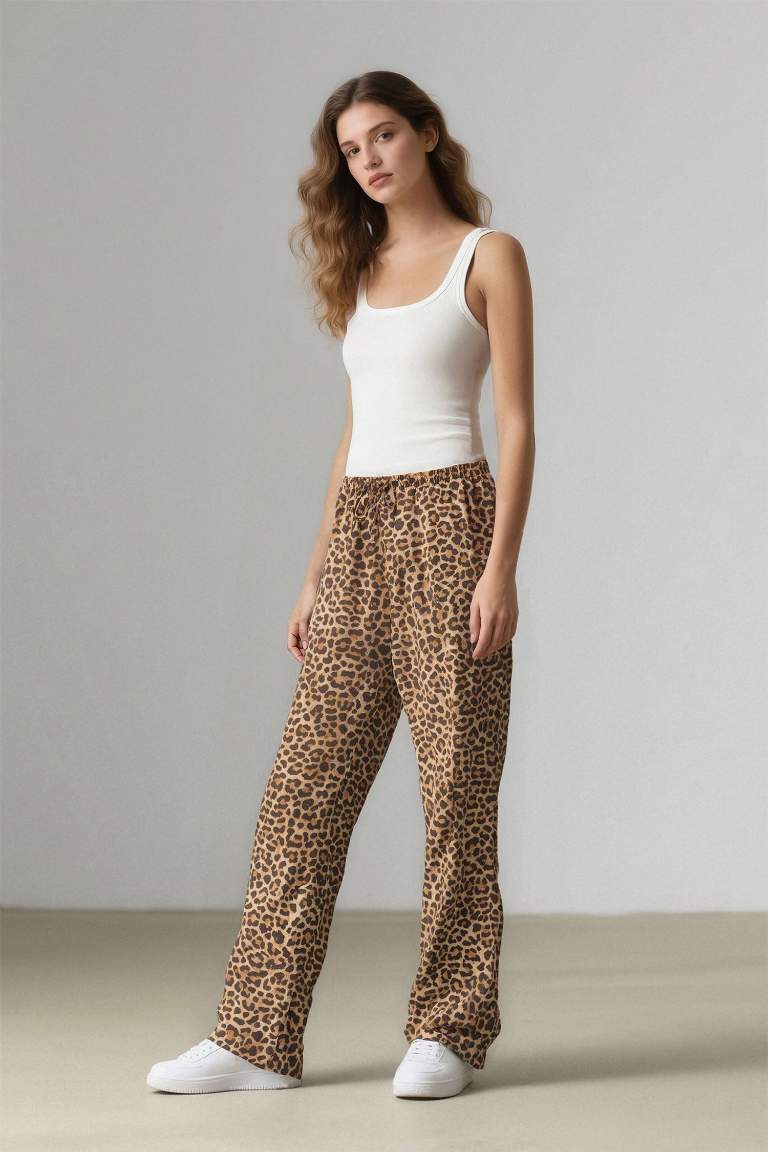 Carrot Fit Leopar Desenli Modal Kumaş Pantolon Çift Cepli Yüksek Bel Düz Paça