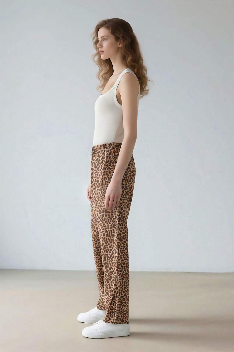 Carrot Fit Leopar Desenli Modal Kumaş Pantolon Çift Cepli Yüksek Bel Düz Paça