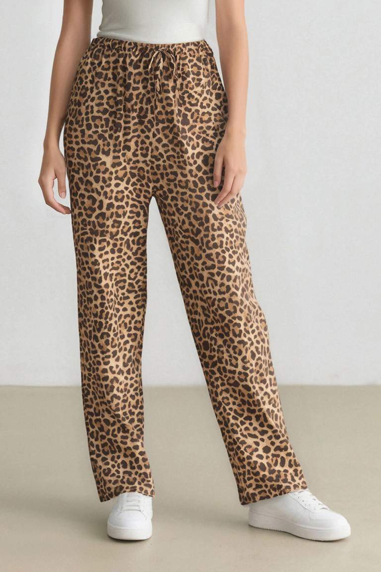 Carrot Fit Leopar Desenli Modal Kumaş Pantolon Çift Cepli Yüksek Bel Düz Paça