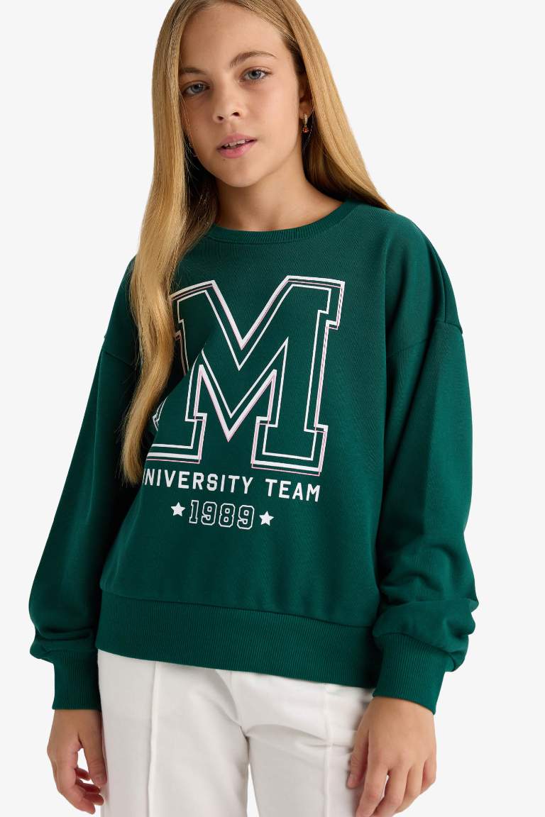 سويت شيرت بنات بطبعة شعار قصة مريحة برقبة مستديرة - قطعتين