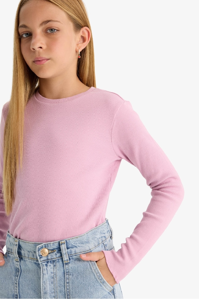 Kız Çocuk Okula Dönüş Slim Fit Dar Kesim Bisiklet Yaka Fitilli Kaşkorse 2'li Uzun Kollu Tişört