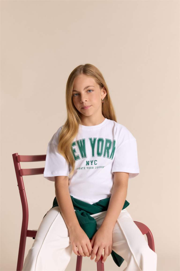 تيشيرت بناتي نص كم قصة مريحة برقبة مستديرة