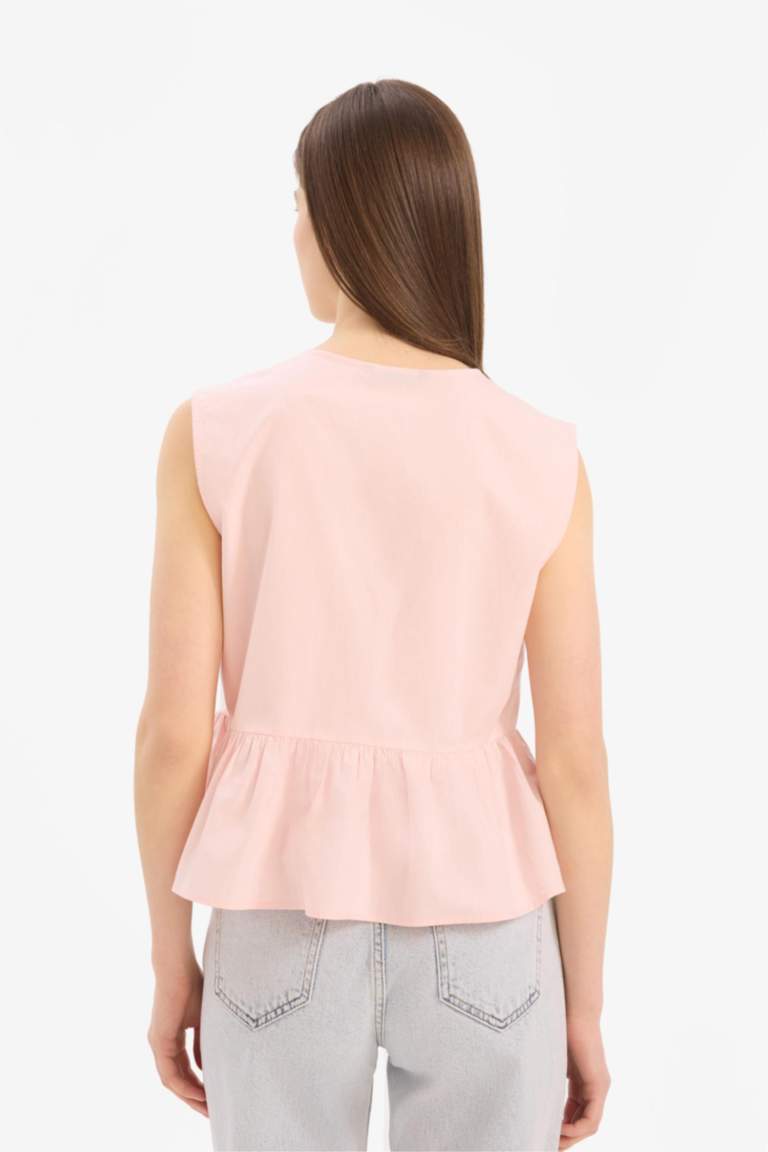 Fitted V Yaka Önden Bağlamalı Poplin Kolsuz Bluz