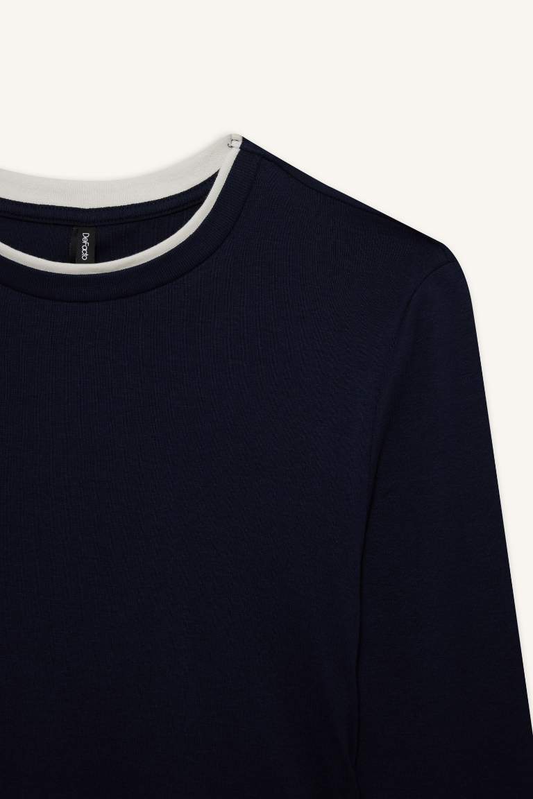 Slim Fit Dar Kesim Bisiklet Yaka Ribana Uzun Kollu Tişört