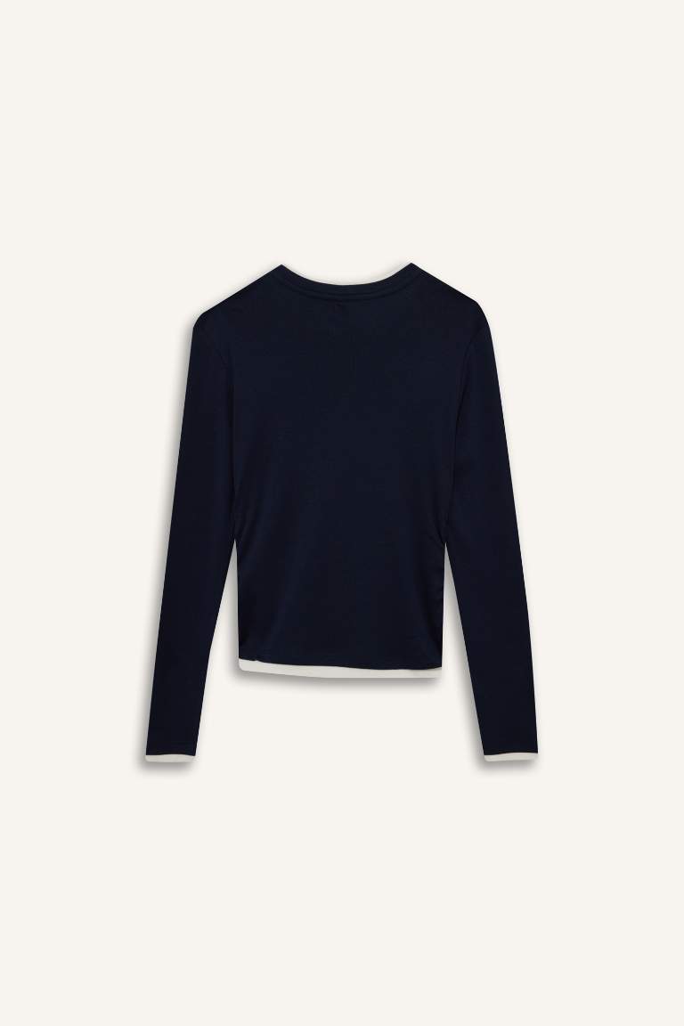 Slim Fit Dar Kesim Bisiklet Yaka Ribana Uzun Kollu Tişört