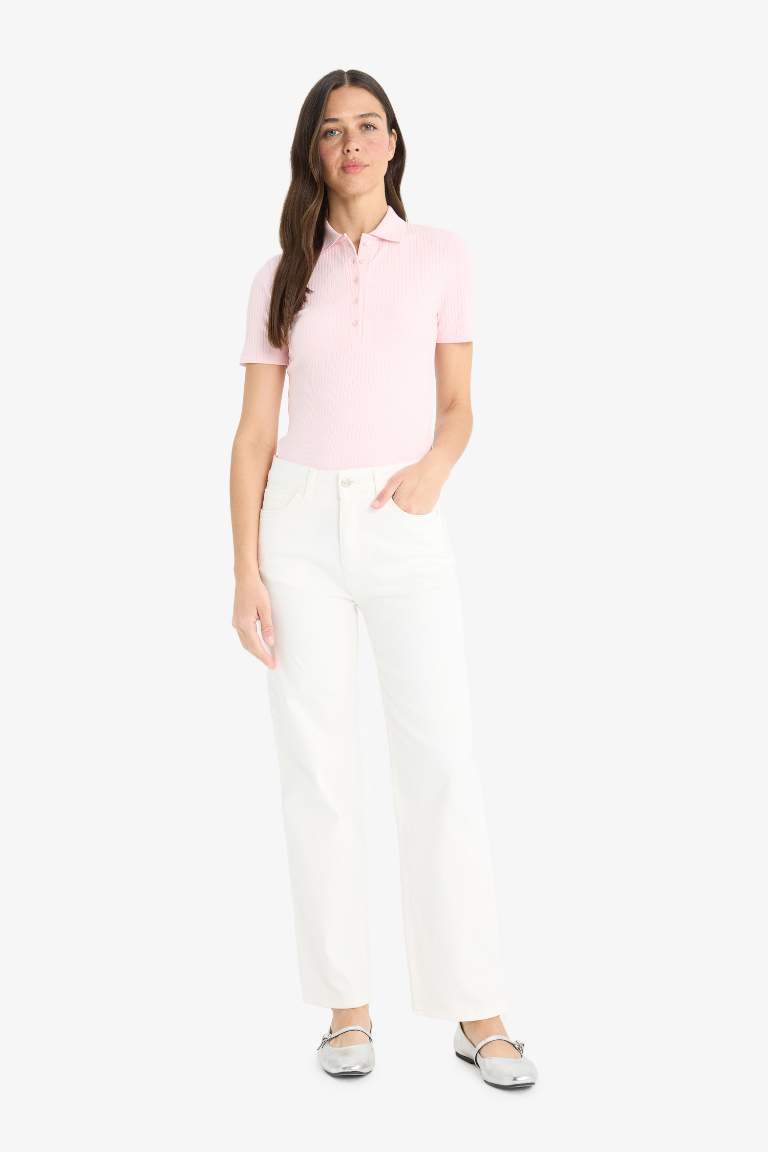 Slim Fit Dar Kesim Polo Yaka Fitilli Kaşkorse Kısa Kollu Tişört