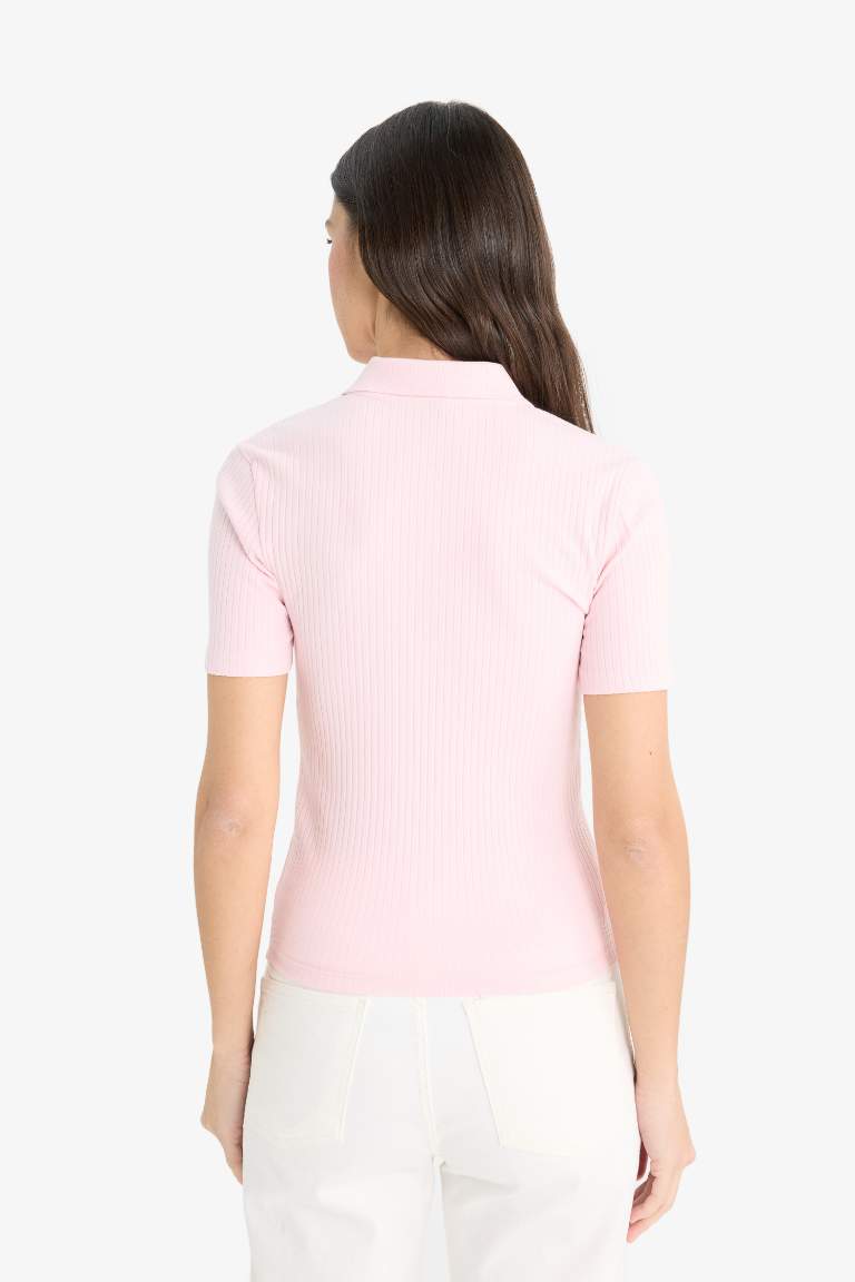Slim Fit Dar Kesim Polo Yaka Fitilli Kaşkorse Kısa Kollu Tişört