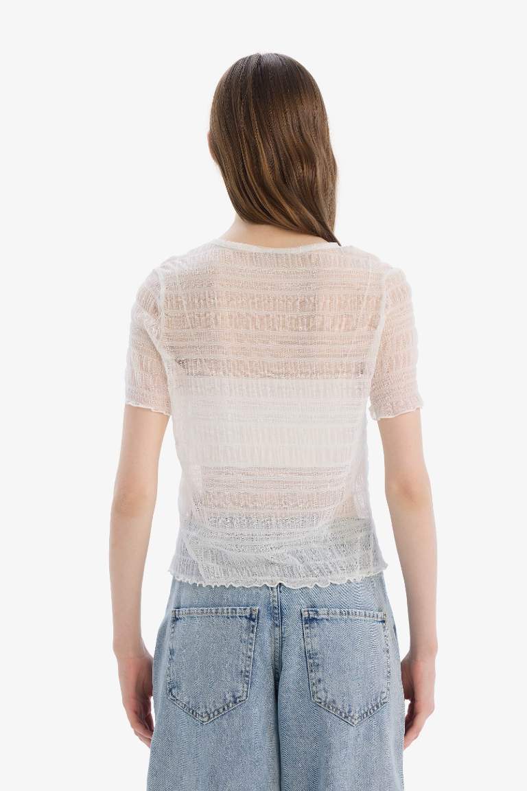 Top slim en tulle à col rond et manches courtes