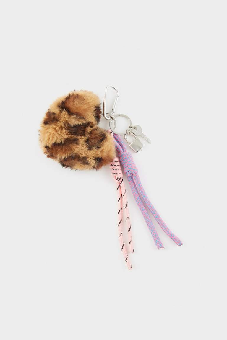 Kadın Pelüş Kalp Leopar Desenli Charm Anahtarlık