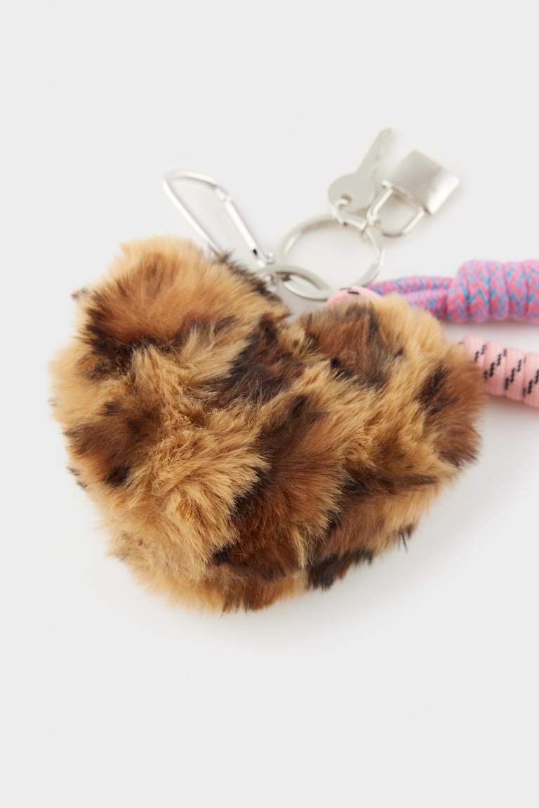 Kadın Pelüş Kalp Leopar Desenli Charm Anahtarlık