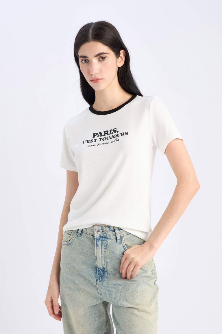 Regular Fit Crew Neck Slogan Printed T-Shirt