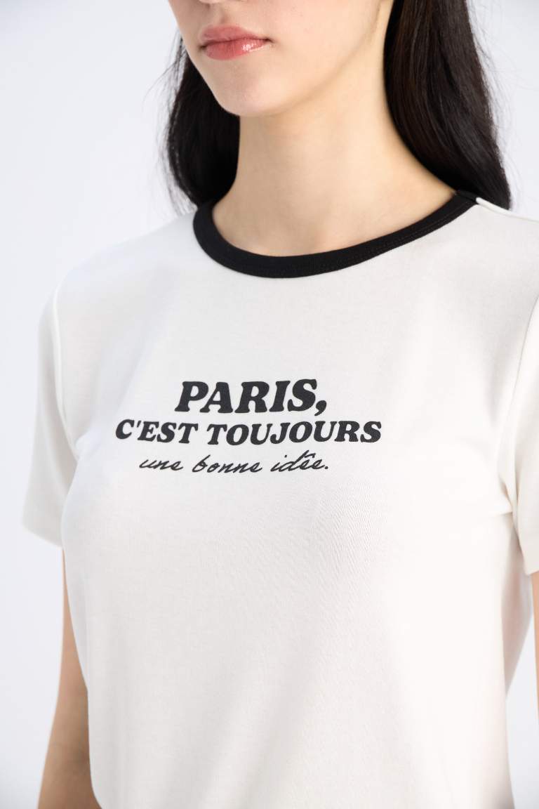 T-shirt en ribana avec imprimé à col rond et manches courtes Coupe régulière