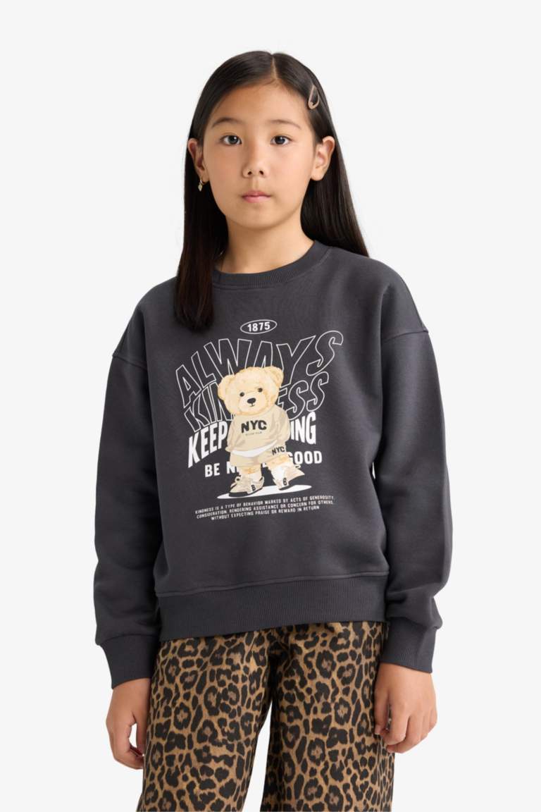 سويت شيرت بناتي مطبوع قصة مريحة بياقة مستديرة ببطانة ناعمة