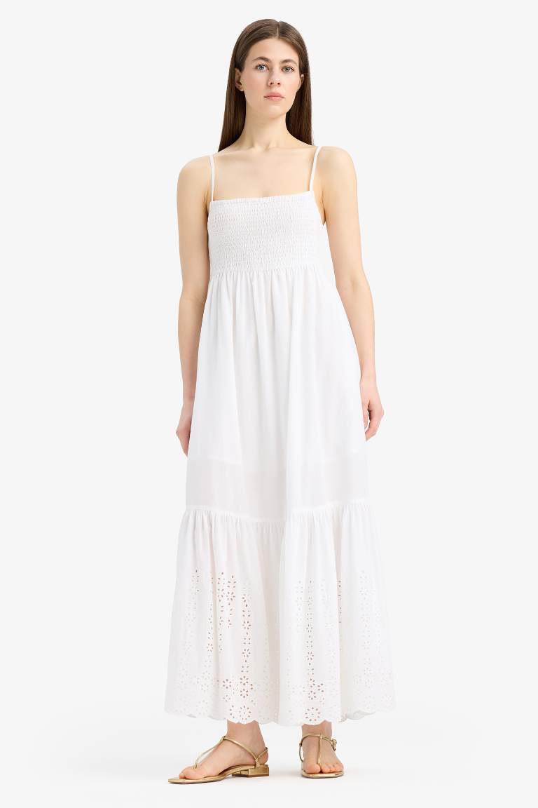 Elastic Collar Cotton Strappy White Maxi Dress