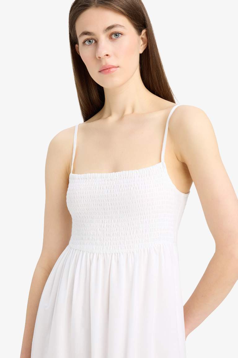 Elastic Collar Cotton Strappy White Maxi Dress