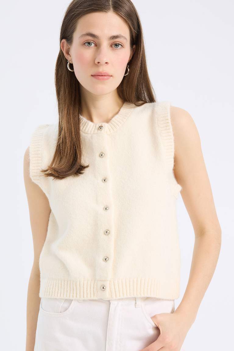 Regular Fit Crew Neck Buttoned Knit Vest