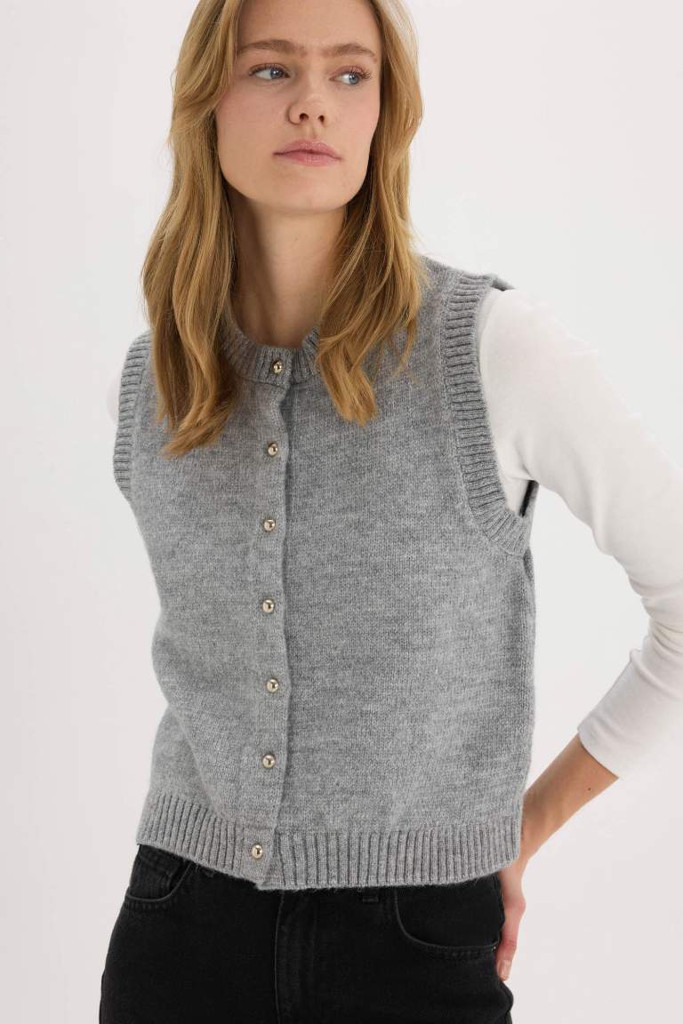 Regular Fit Crew Neck Buttoned Knit Vest