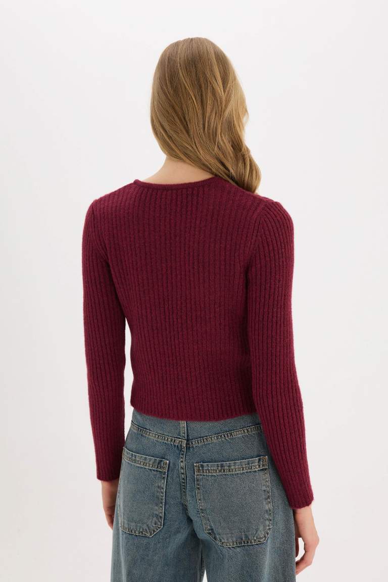 Cardigan en tricot basique Bordeaux à col rond et coupe régulière