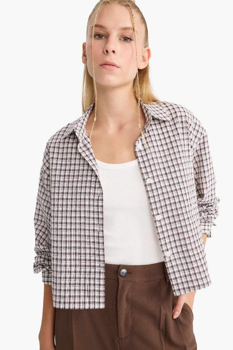 Coool Oversize Geniş Kalıp Crop Kareli Uzun Kollu Gömlek