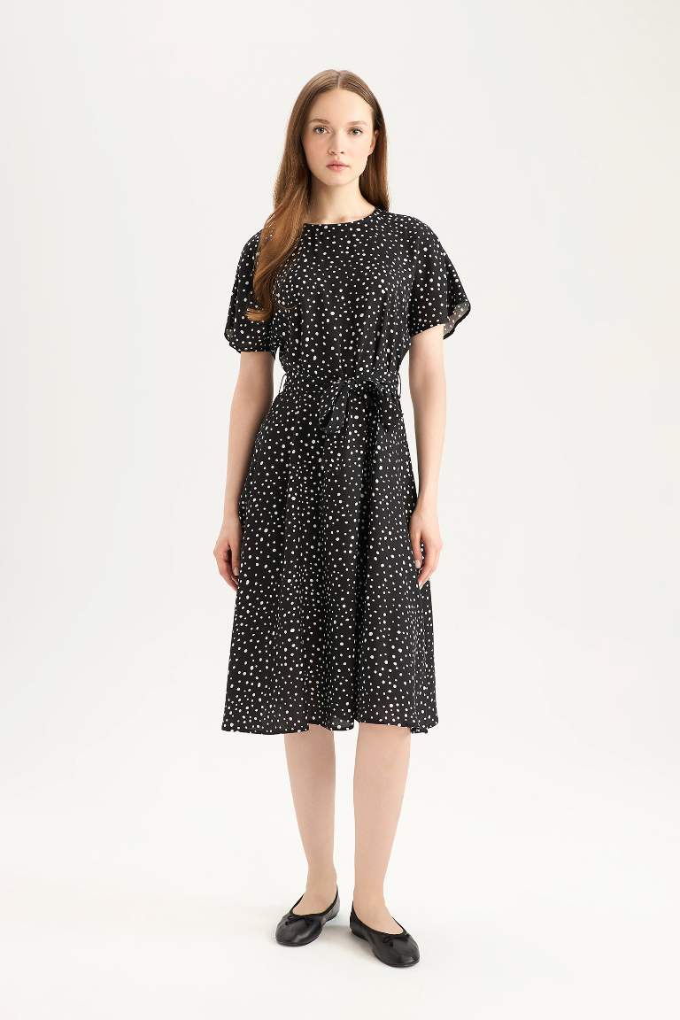 Regular Fit Crew Neck Patterned Belted Midi Dress