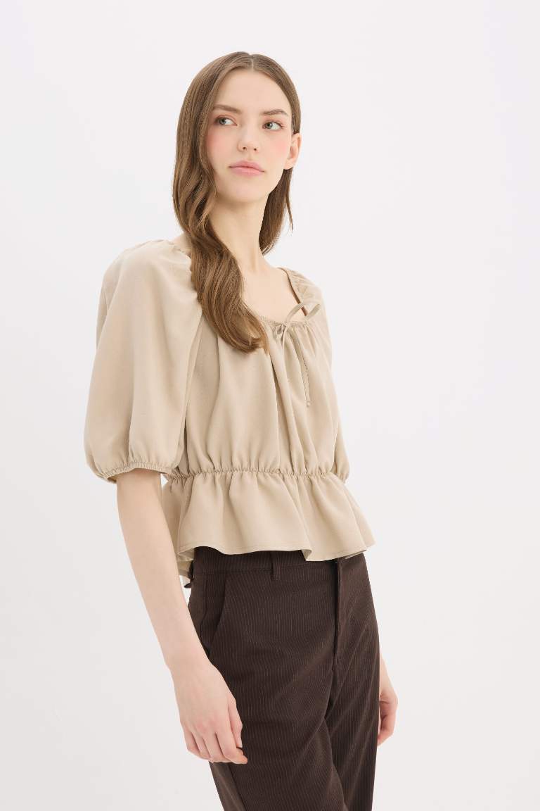 Regular Fit U Neck Linen Blend Blouse