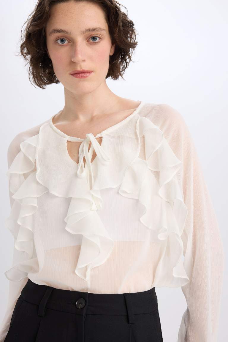 Regular Fit Round Neck Ruffled Chiffon Long Sleeve Blouse