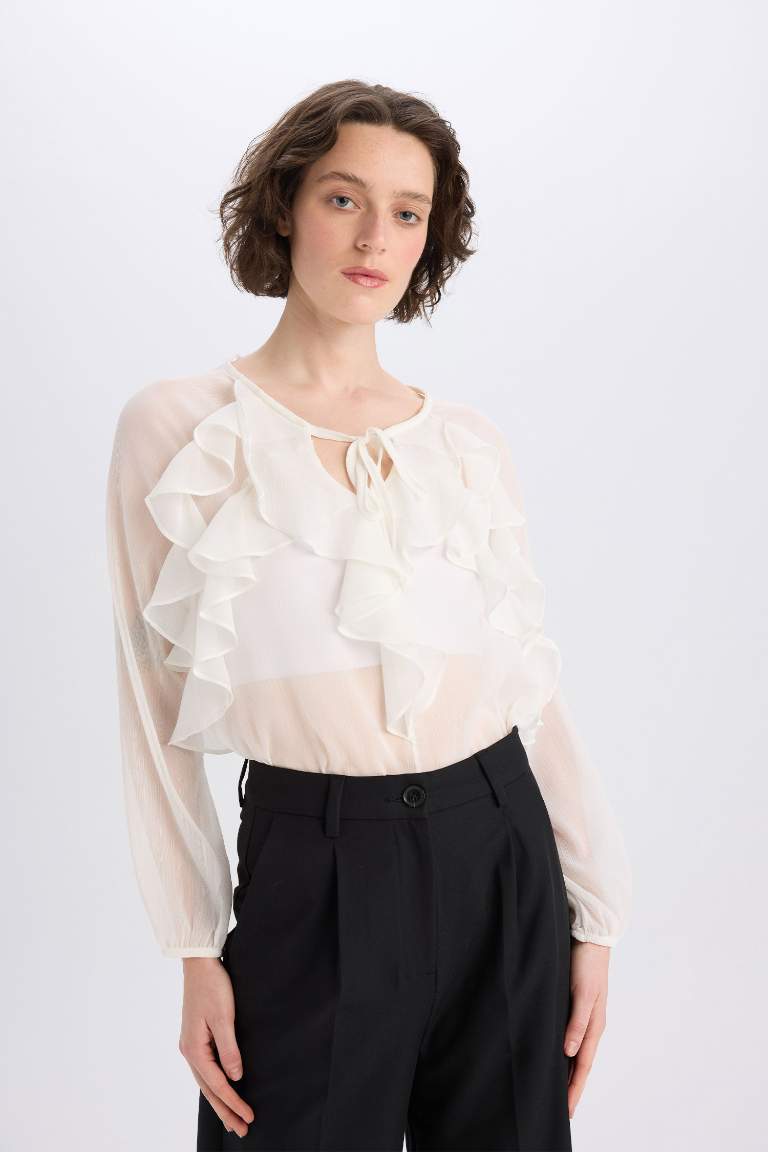 Regular Fit Round Neck Ruffled Chiffon Long Sleeve Blouse