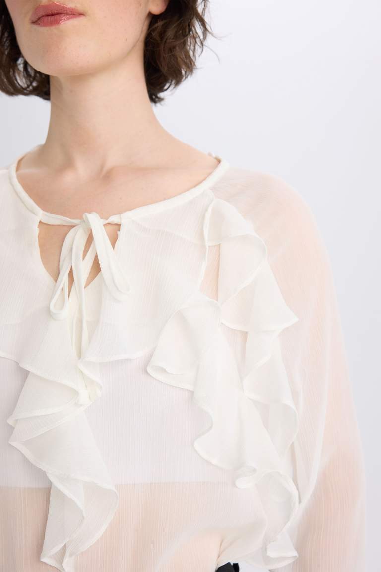 Regular Fit Round Neck Ruffled Chiffon Long Sleeve Blouse