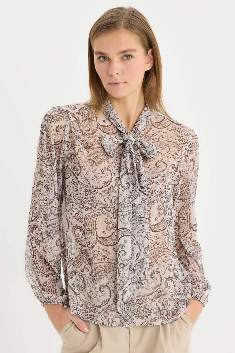 Regular Fit Bow Collar Shawl Patterned Chiffon Long Sleeve Shirt