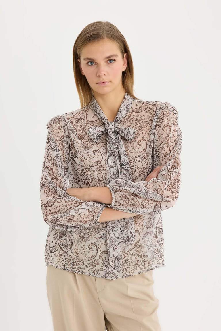 Regular Fit Bow Collar Shawl Patterned Chiffon Long Sleeve Shirt