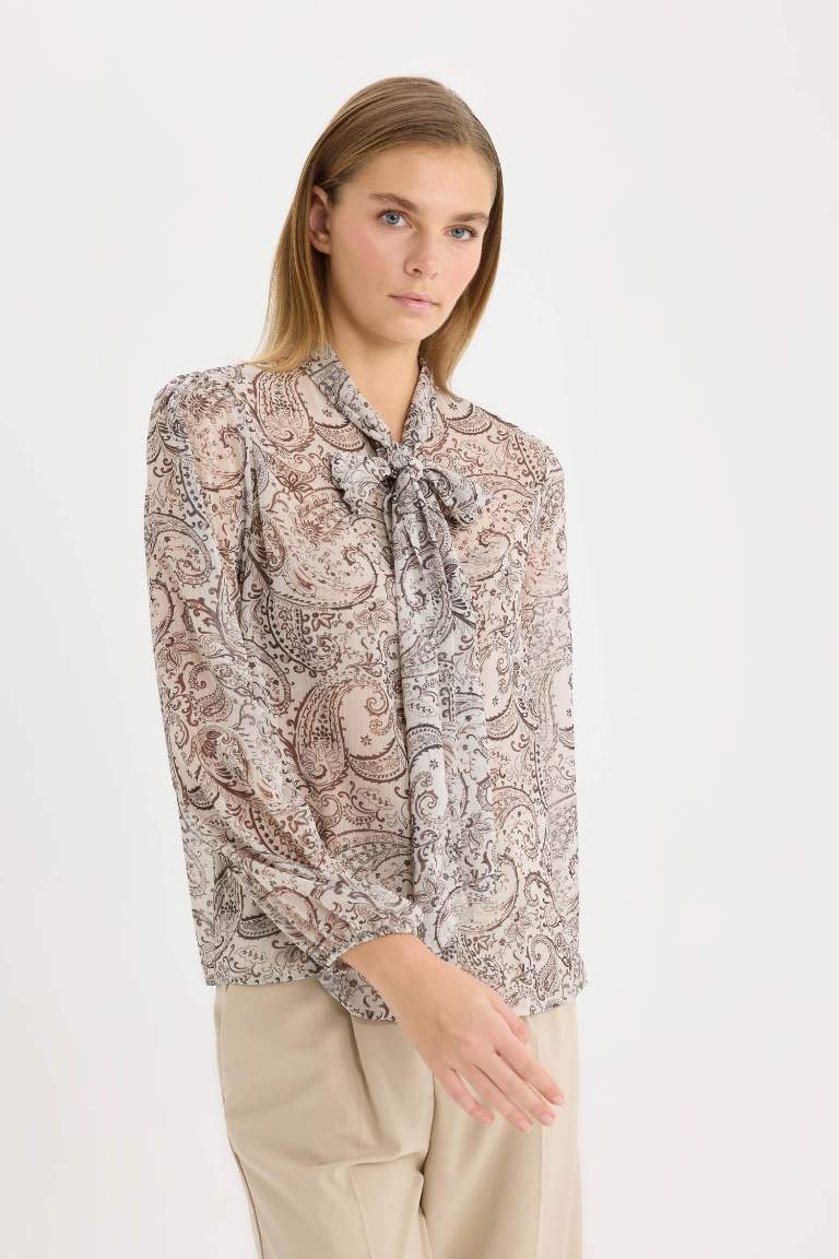 Regular Fit Bow Collar Shawl Patterned Chiffon Long Sleeve Shirt