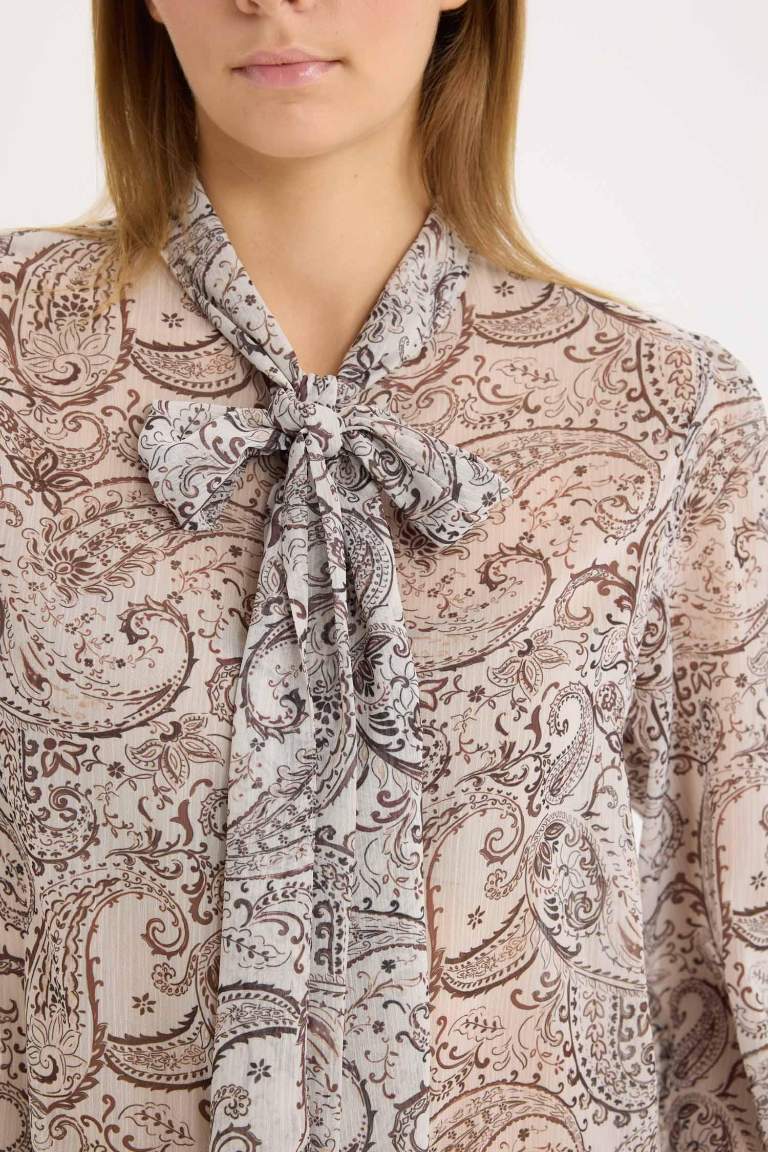 Regular Fit Bow Collar Shawl Patterned Chiffon Long Sleeve Shirt